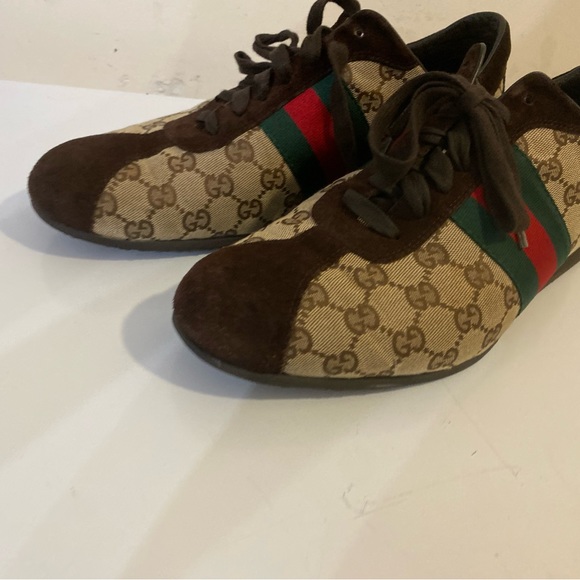 Gucci Brown/Beige Suede And GG Canvas men shoes Sneakers Sz G 10 US 11 - Picture 4 of 15